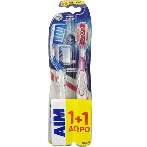 Aim White System Medium Toothbrush with Perlite Μπλε - Φούξια Μέτρια Οδοντόβουρτσα με Ελαστική Μεμβράνη από Περλίτη για Λευκότερα Δόντια 2 Τεμάχια